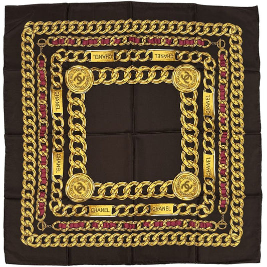 Chanel Scarf Women's Brand Cambon Coco Mark Silk Brown Yellow Chain Gold Dark