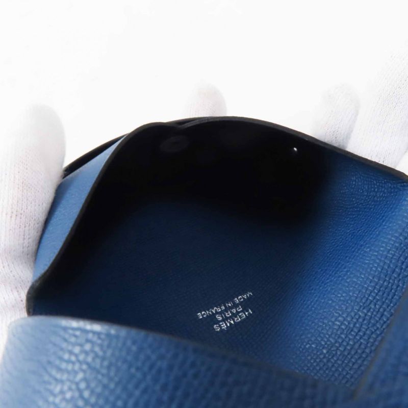 Hermes Calvi Deep Blue Silver Hardware Vaume D'adam Card Case Engraved B With