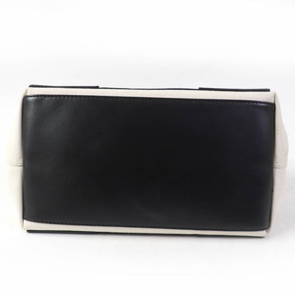 Balenciaga 339933 Small Cabas Su Cotton Canvas And Black Calfskin Handbag With