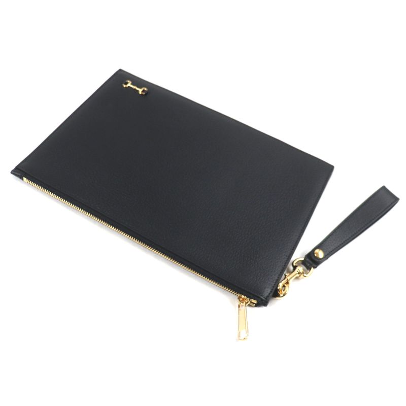 Gucci 700524 Leather Clutch Bag With Horsebit Strap Black Gold Hardware