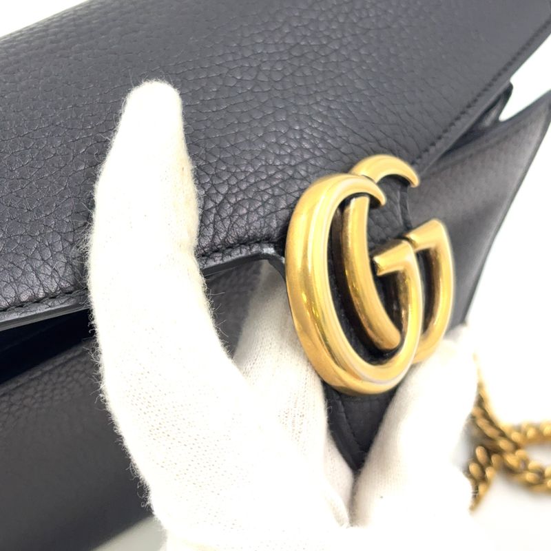 Gucci GG Marmont Chain Shoulder Chain Wallet Leather Black Shoulder Bag Gold