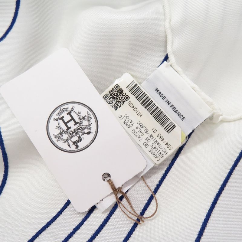 Hermes Carré 90 Brides De Gala Tattoo Cotton Silk Cotton Polyester White Navy