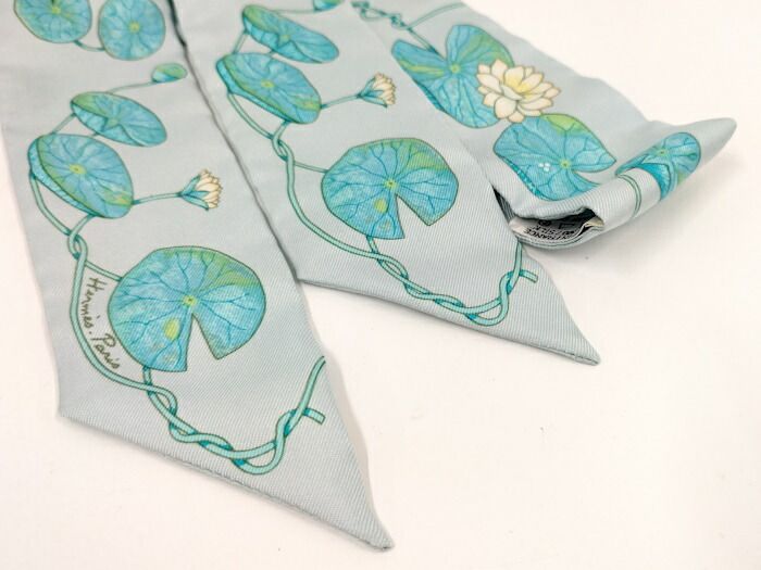 Hermes Twilly Scarf 100% Silk Lotus Flower Light Blue Multicolor