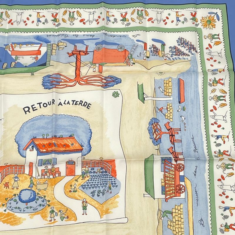 Hermes Carre 90 RE TOUR A LA Terre Back Home 100% Silk Scarf Blue