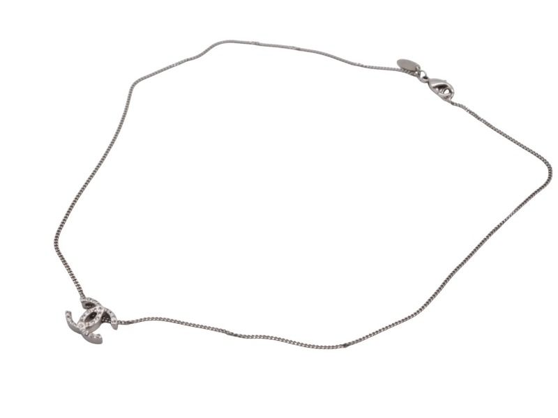 Chanel CC Logo Double Sided Rhinestone Necklace 10 44 Silver Metal