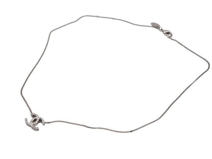 Chanel CC Logo Double Sided Rhinestone Necklace 10 44 Silver Metal
