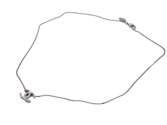 Chanel CC Logo Double Sided Rhinestone Necklace 10 44 Silver Metal
