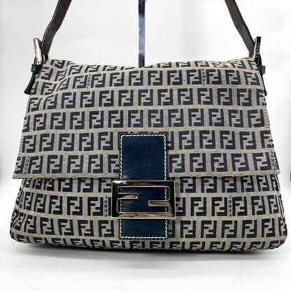 Fendi Mamma Zucca Bucket Baguette Navy Tan Flap Bag Purse Tote FF