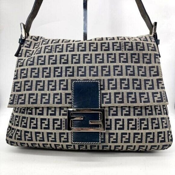 Fendi Mamma Zucca Bucket Baguette Navy Tan Flap Bag Purse Tote FF