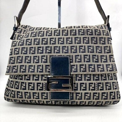 Fendi Mamma Zucca Bucket Baguette Navy Tan Flap Bag Purse Tote FF
