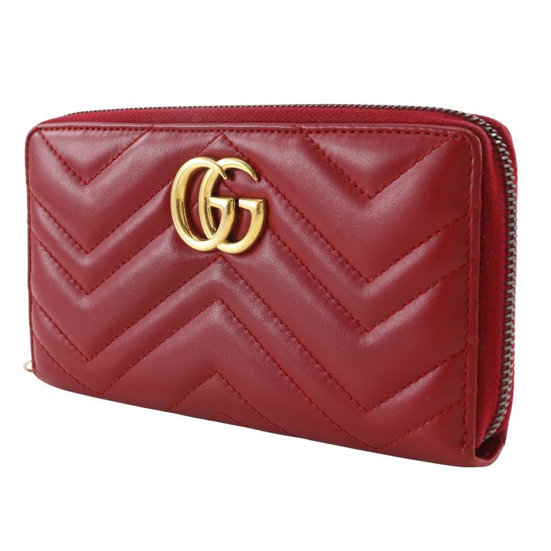 Gucci Double G Zip Around Wallet GG Marmon Chevron Quilted 443123 Leather Red