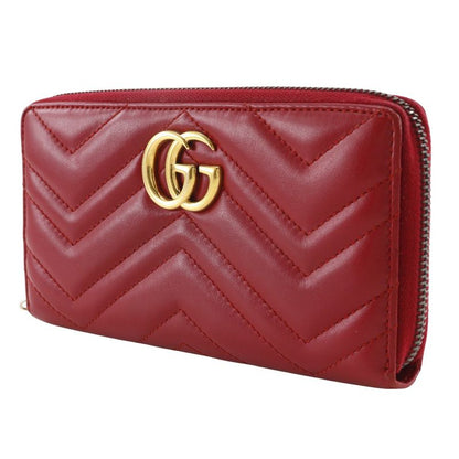 Gucci Double G Zip Around Wallet GG Marmon Chevron Quilted 443123 Leather Red