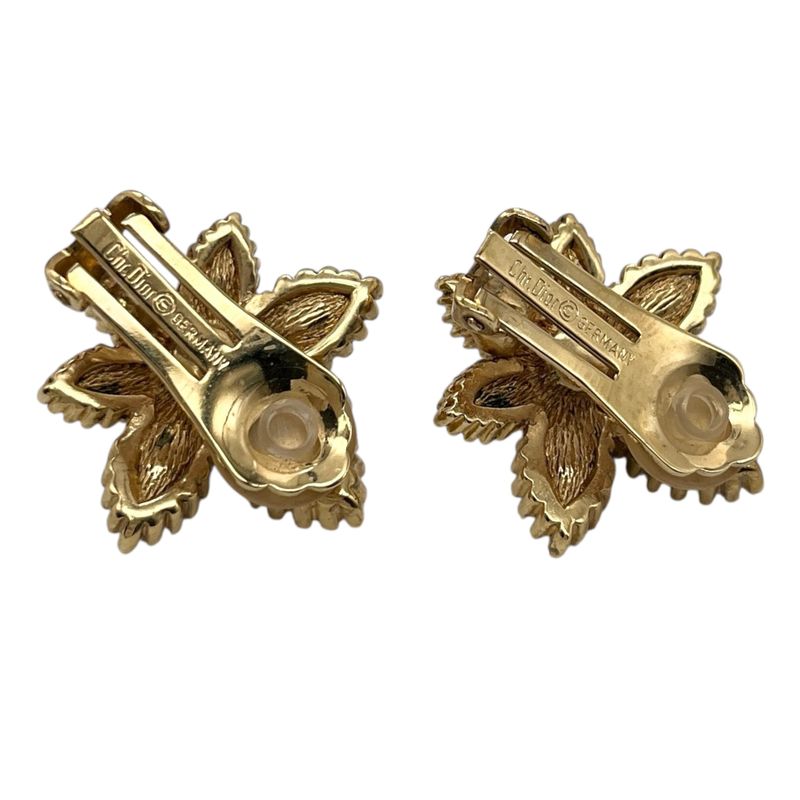 Christian DIOR Earrings Metal Faux Pearl Colored Stone Flower Gold