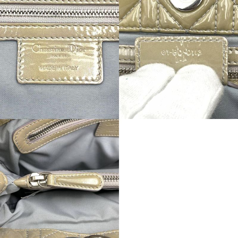 DIOR Tote Shoulder Bag Beige Patent Leather Canage Stitching Women Fashion