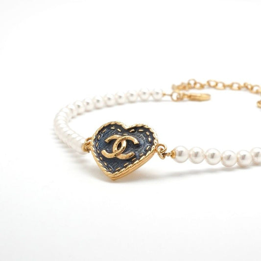 Chanel Necklace Pendant Choker Gold White Here Mark Heart
