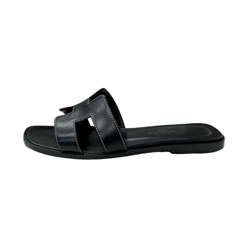 Hermes Oran Sandals Shoes Leather Black Flat Sandals Mules