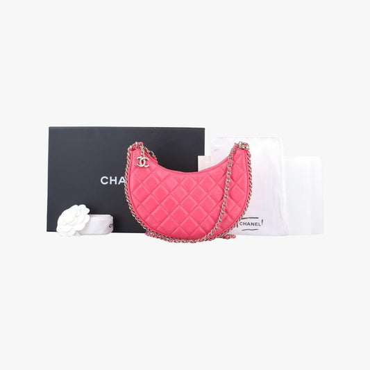 Chanel Around Hobo Matelasse Rose Red Lambskin Croissant Half Moon Shoulder Bag