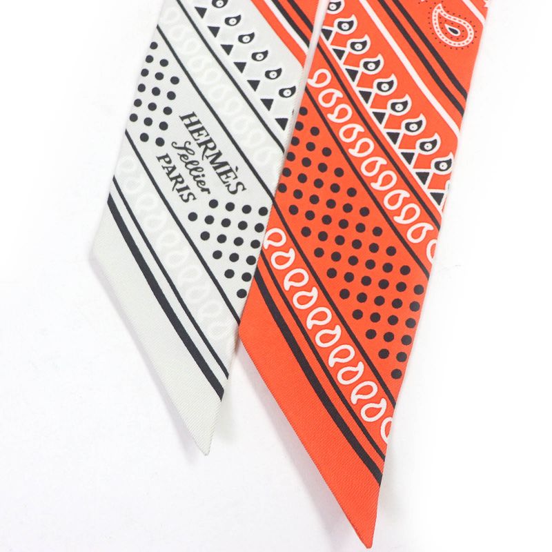 Hermes H062978s Twilly 100% Silk Apron D'or Bandana Scarf Vermilion/gri Pe Lou