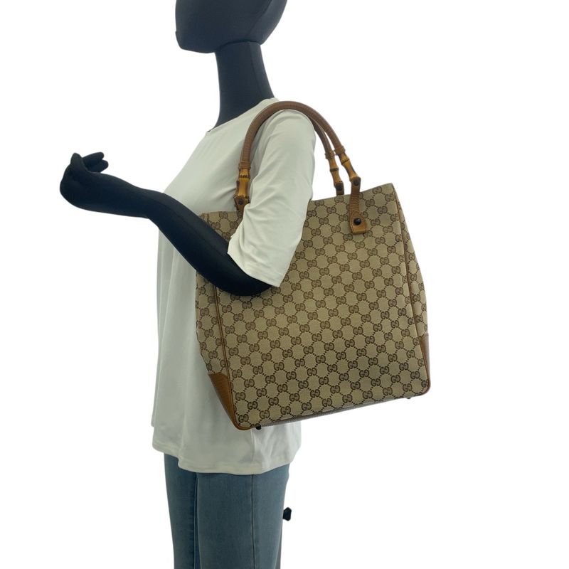 Gucci Bamboo Beige Brown Black Hardware GG Canvas 112530 Tote Bag Shoulder Bag