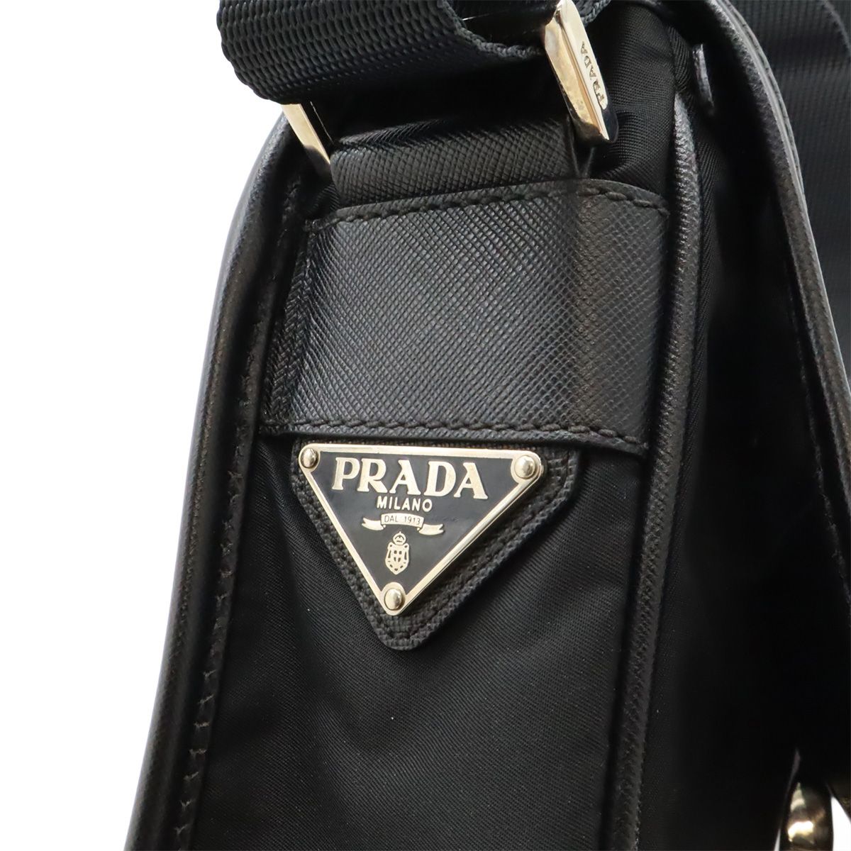 Prada Shoulder Bag Pochette Crossbody Nylon Leather NERO Black Black Silver