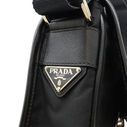 Prada Shoulder Bag Pochette Crossbody Nylon Leather NERO Black Black Silver