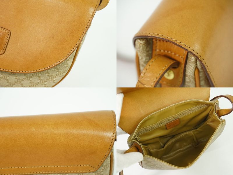 Authentic Celine Macadam Shoulder Bag Pochette PVC Leather Beige Brown Macadam