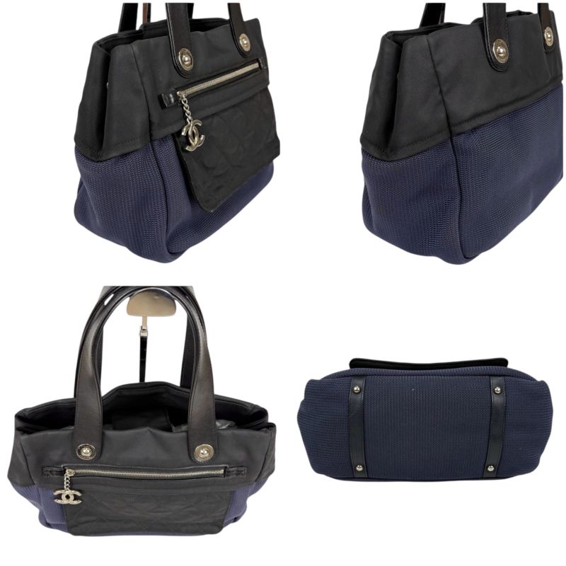 Chanel Paris Biarritz Mini Tote Shoulder Bag Navy Blue Black Bicolor Shoulder
