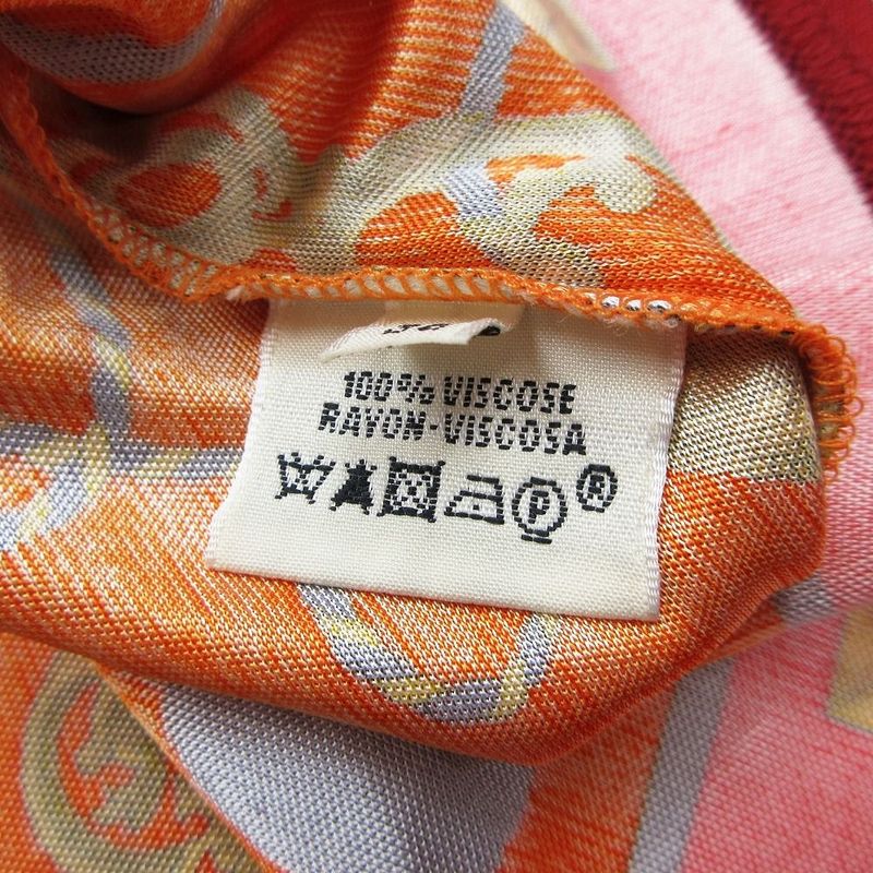 Hermes Les Cles Key Pattern Short Sleeve T-Shirt U-Neck Top Women's Orange Size