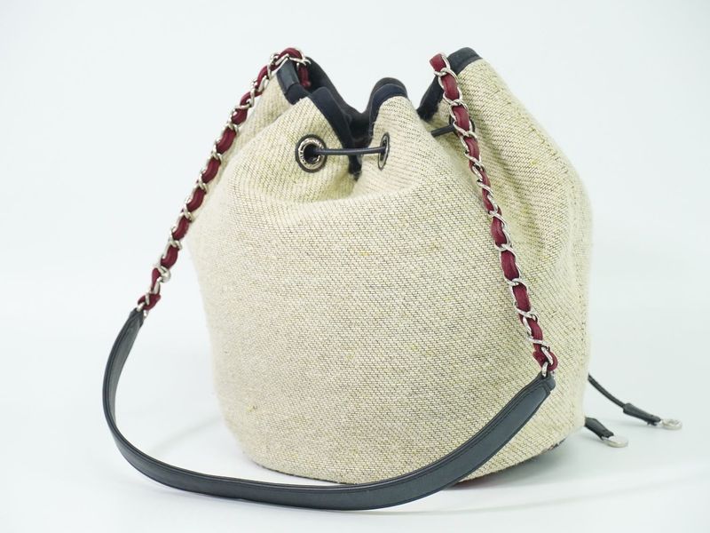 Authentic Chanel Deauville Coco Mark Chain Drawstring Shoulder Bag Pochette