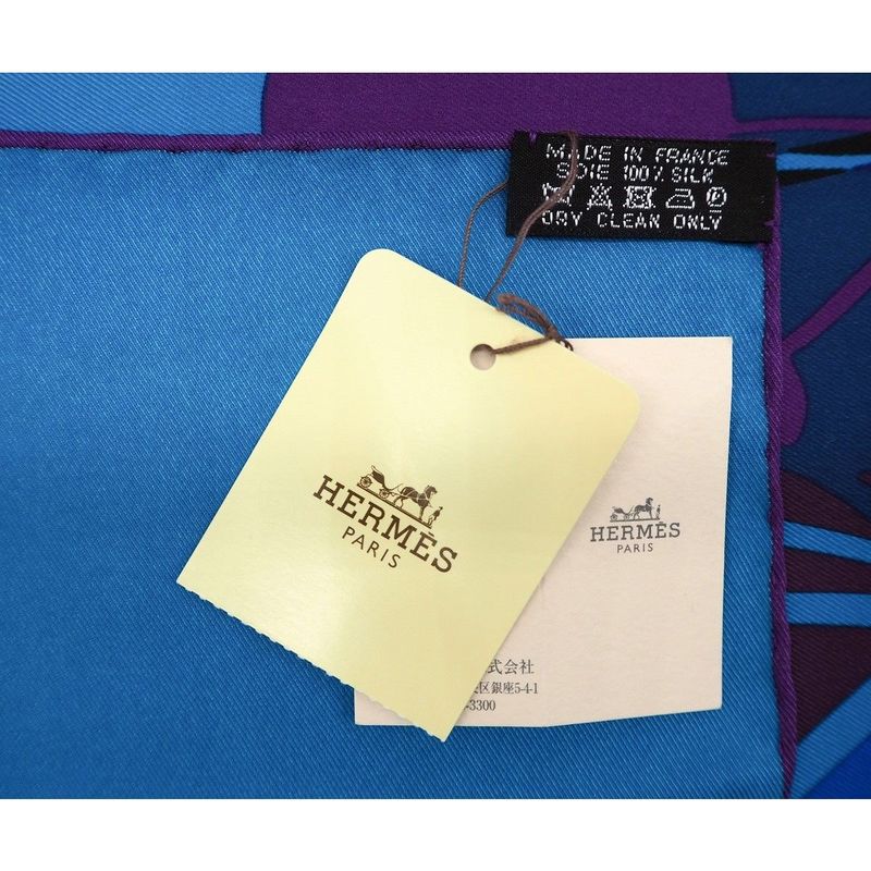 Hermes Carre 70 Caleche Elastique Carre Vintage Silk Blue Canard Rouge Blue