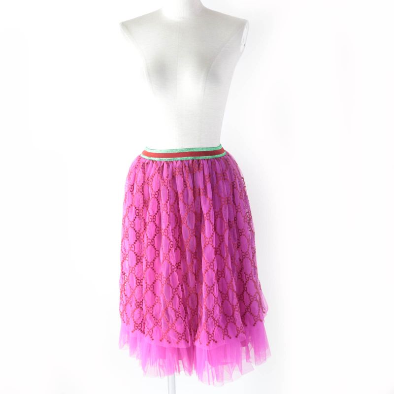 Gucci 552866 Kids GG Pattern Webline Embroidery Tulle Skirt Pink 12 Storage