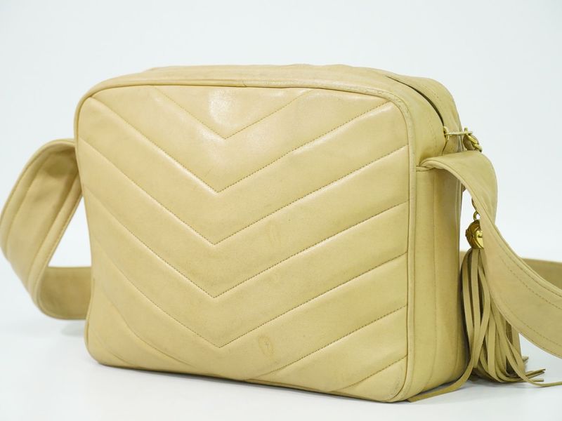 Authentic Chanel Coco Mark V Stitch Tassel Shoulder Bag Pochette Leather Beige