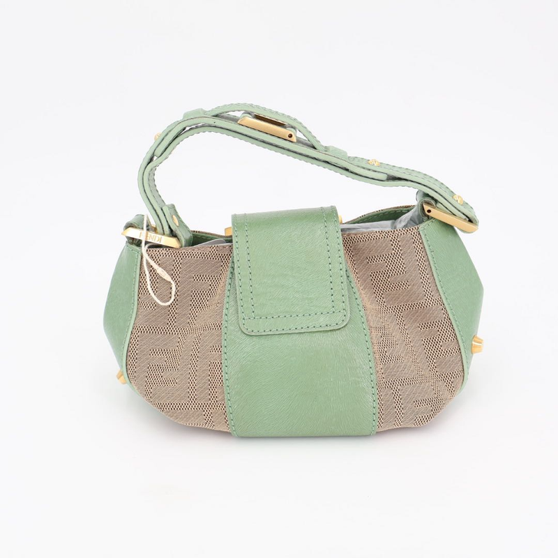 Fendi Beige Green Zucca Canvas Leather Baguette Shoulder Bag