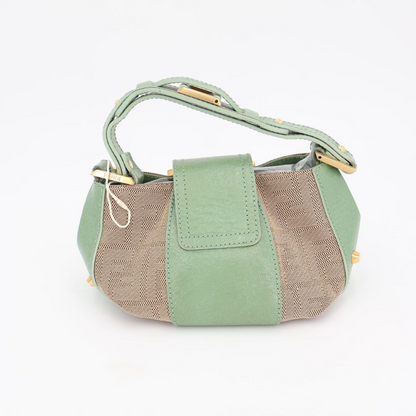 Fendi Beige Green Zucca Canvas Leather Baguette Shoulder Bag