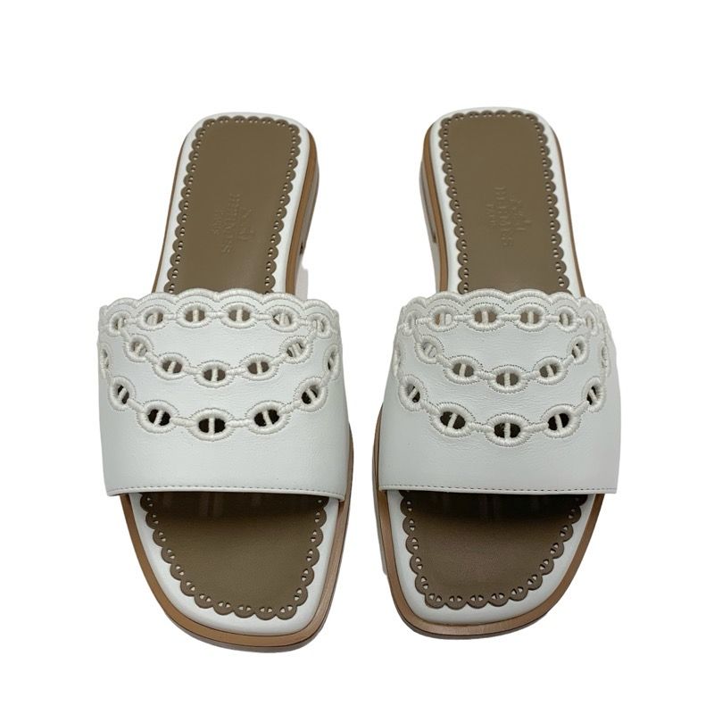Hermes Frog Sandals Shoes Leather White Flat Sandals Mules Chaine D'ancre