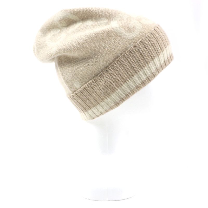 Gucci 765053 GG Cashmere Jacquard Cap Knit Hat Current Camel White M (57 21cm