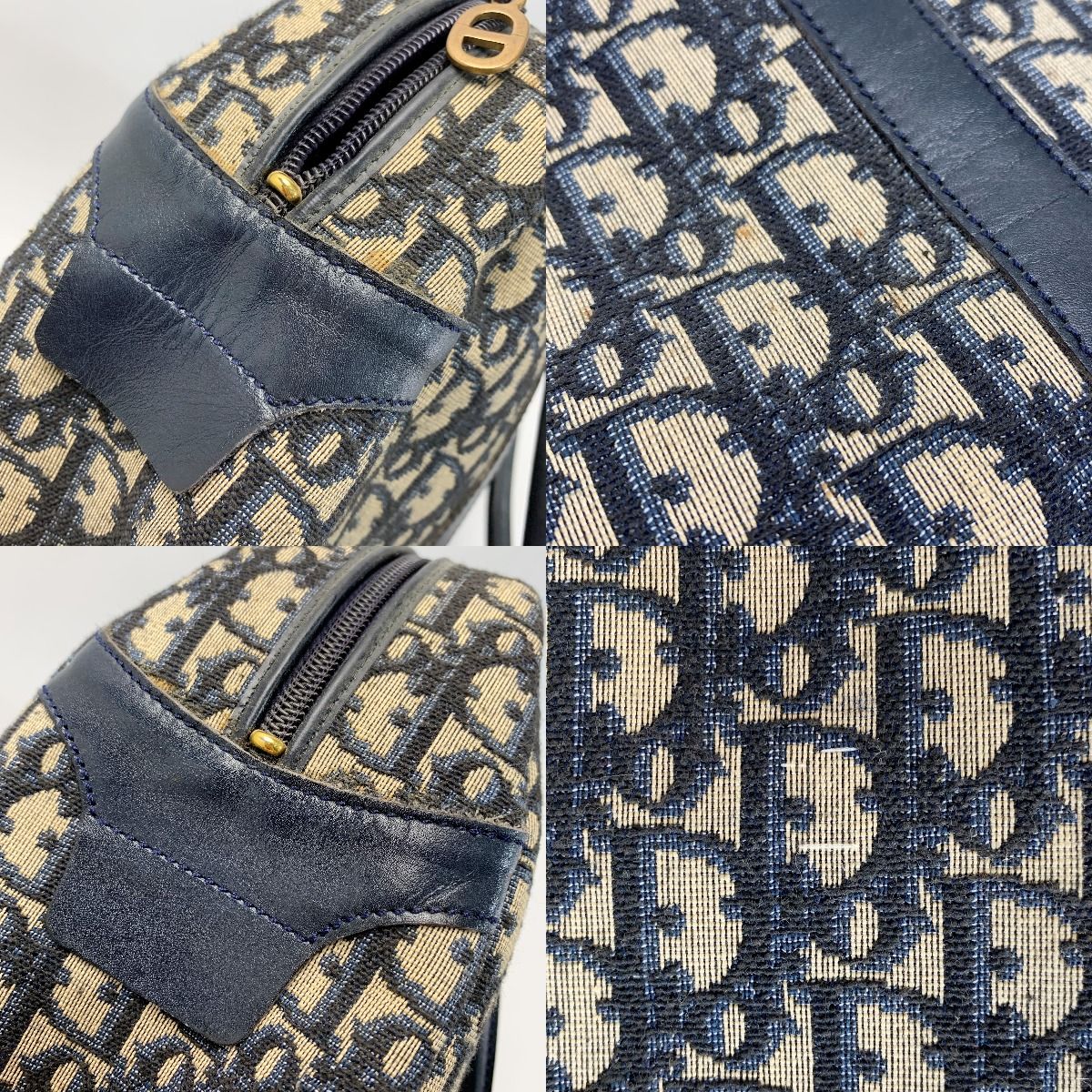 Christian Dior Trotter Logo Canvas Navy Handbag Women's Gold Hardware