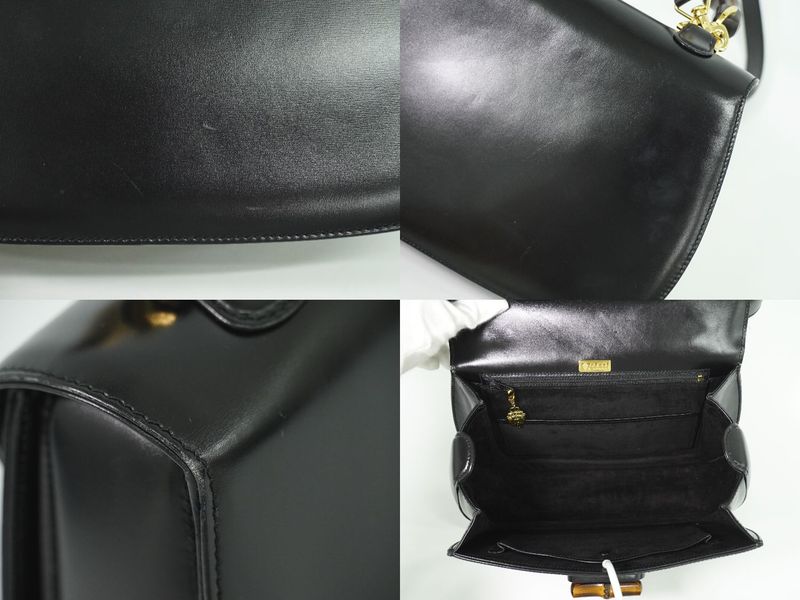 Authentic Gucci Bamboo 2WAY Shoulder Bag Handbag Pochette Leather Black Bamboo