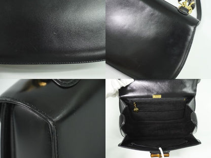Authentic Gucci Bamboo 2WAY Shoulder Bag Handbag Pochette Leather Black Bamboo