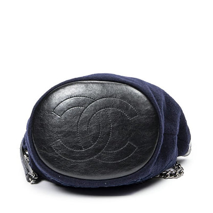 Chanel Embroidered Wool Bucket Chain Bag Navy Black Matelasse Lambskin Leather A