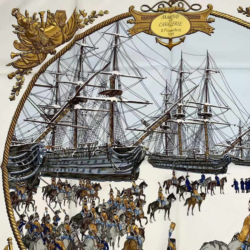 Hermes Carre 90 Marine ET Cavalerie Sea And Cavalry Silk Scarf White