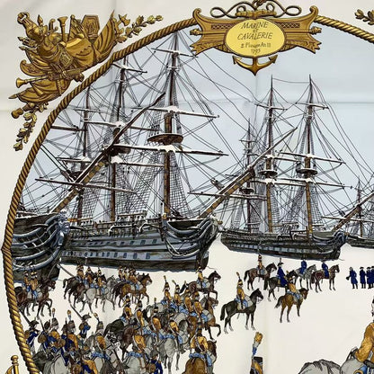 Hermes Carre 90 Marine ET Cavalerie Sea And Cavalry Silk Scarf White
