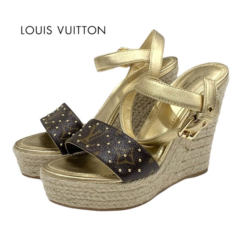 Louis Vuitton Starboard Line Monogram Sandals Shoes Leather Gold Brown Wedge