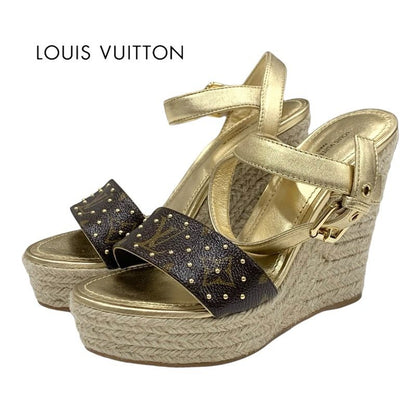 Louis Vuitton Starboard Line Monogram Sandals Shoes Leather Gold Brown Wedge