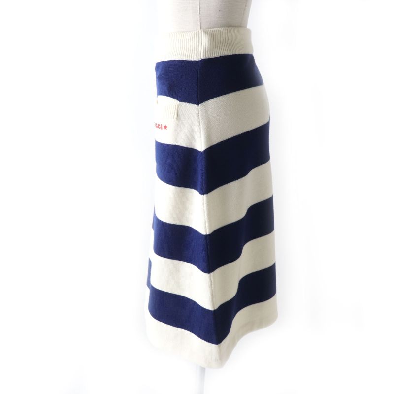 Gucci 22AW 691664 Logo Embroidered Marine Border Knee Length Knit Skirt Ivory X