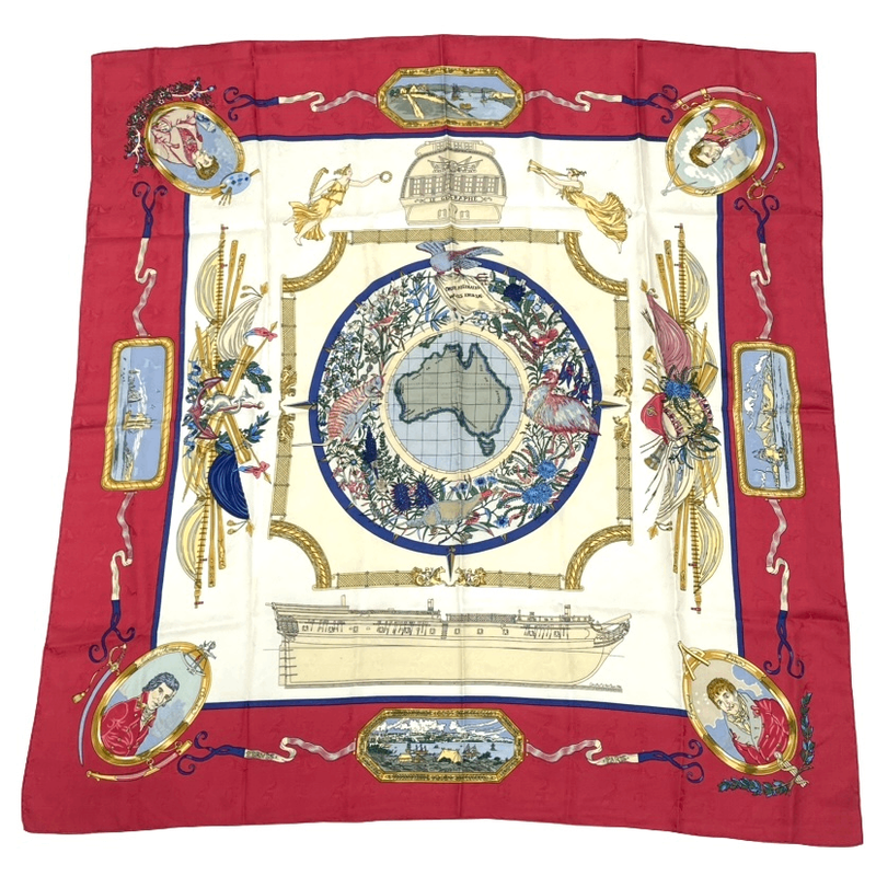 Hermes Carre 90 LE Geographe Geographer Red And Multicolor 100% Silk