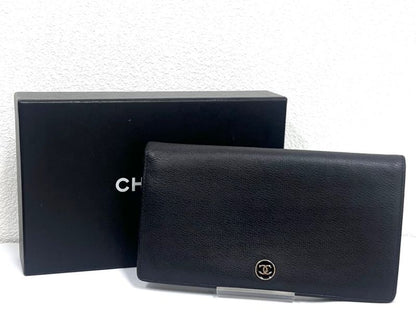 Chanel Long Wallet Coco Button Bifold Wallet Black Leather 60bs190