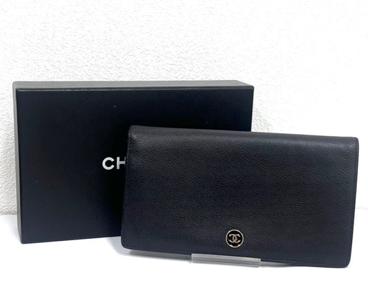 Chanel Long Wallet Coco Button Bifold Wallet Black Leather 60bs190