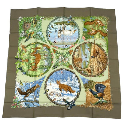 Hermes Carre 90 LES Quatre Saisons Four Seasons Brown Animal Flower Scarf Silk