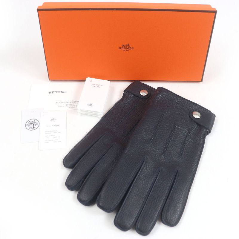 Hermes Deerskin 100% Silk Lining Serie Button Leather Gloves Gloves Navy 8.5
